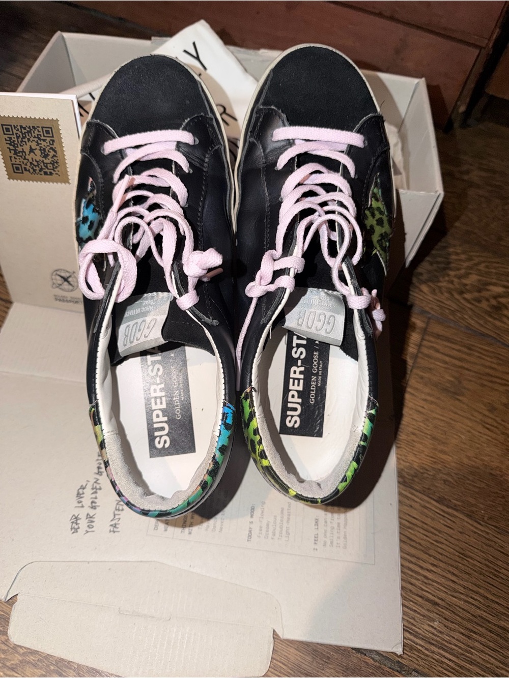 Golden Goose Black Leather Sneakers with Neon Leopard Accents and Pink Laces - Picture 4 of 7